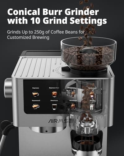 AIRMSEN Espresso Machines with Burr Grinder, 20 Bar, Milk Frother Steam Wand, Stainless Steel Coffee Maker for Home - Cappuccino Latte & ​​Cold Brew​​ Iced Coffee Maker & Americano (Espresso Machine) — view 2