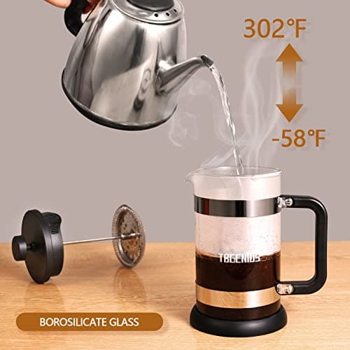 TBGENIUS French Press Coffee Maker, 21 oz, Thickened Borosilicate Glass — view 3