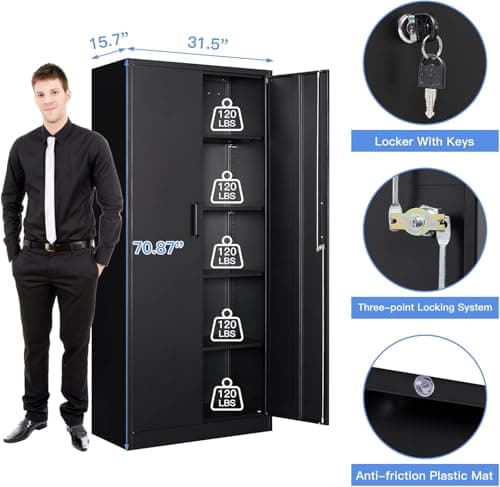 Yizosh Metal Garage Storage Cabinet with 2 Doors and 5 Adjustable Shelves - 71" Steel Lockable File Cabinet, Tool Cabinets for Office,Home,Garage,Gym,School (Black)