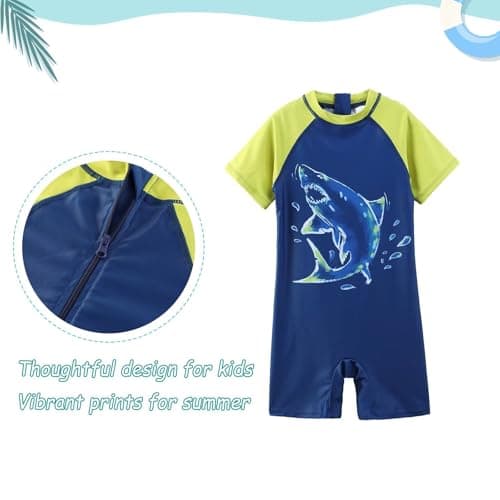 Qterdiz Boys Rash Guard Swimsuits, One Piece Short Sleeve Swim Shirts Summer Bathing Suit Swimwear for Kids Big Shark Size 7/6-7 Years — view 2