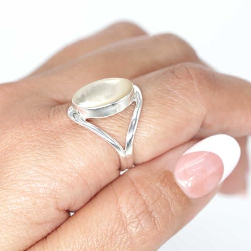 JEWELOPORIUM White Mother Of Pearl Silver Ring Size 8, 925 Sterling Silver Ring for Women, Genuine Oval Stone Handmade Jewelry