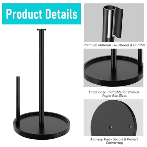 Paper Towel Holder Countertop, Standing Paper Roll Holder with Anti Slip Weighted Base, Stainless Steel Freestanding Paper Towel Holder for Kitchen, Black — view 5