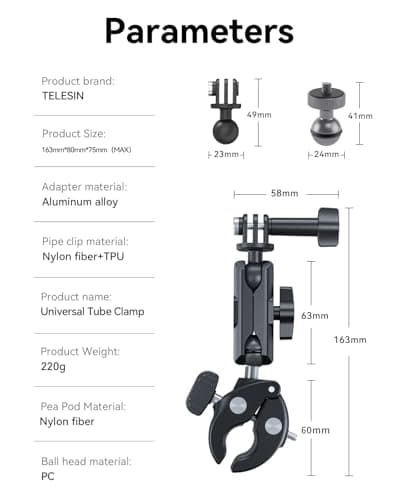 TELESIN Camera Clamp Mount Handlebar, Dual 360 Ball Head Gripper Go pro Bike Mounts Motorcycle Accessories for DJI Osmo Pocket 4 3/ DJI Action 6/Action 5 Pro/Osmo Nano/Hero 13 12 11 10 9/Insta360 X5 — view 5