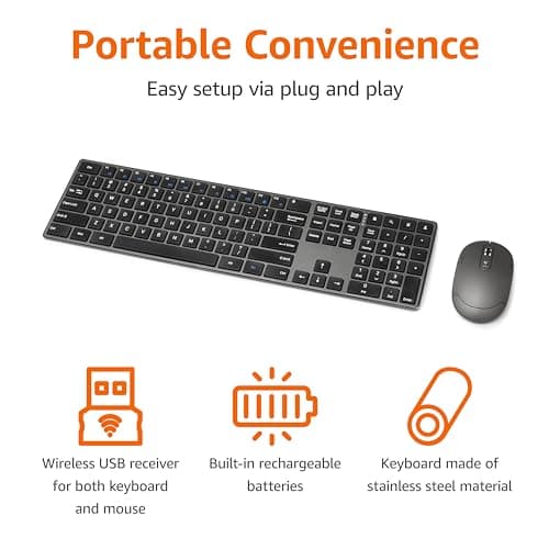 Amazon Basics Ultra Premium Wireless Keyboard and Mouse Combo, Rechargeable, Full-Size with Number Pad, Sleek Design, Plug and Play, Quiet Typing, 2.4GHz USB Receiver, Black