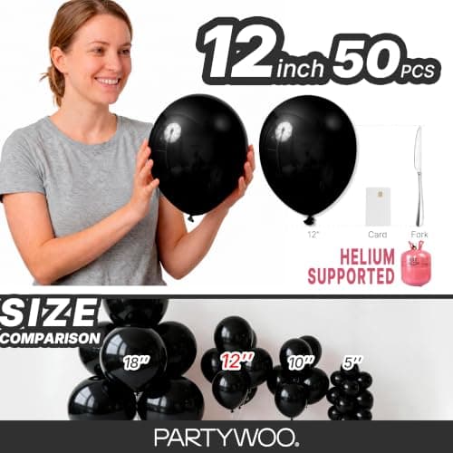 PartyWoo Black Balloons 50 pcs 12 Inch Latex Helium Matte Black Balloons for Baby Shower Birthday Graduation Casino Race Car Anniversary Retirement Pirate Gaming Theme Party Decorations Black-Y18 — view 5