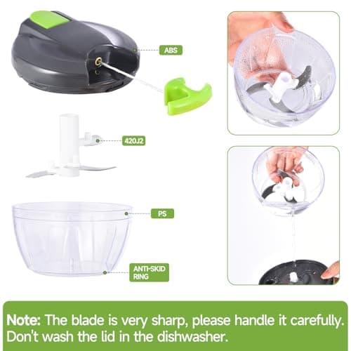 Ziweaye Manual Food Processor Vegetable Chopper, Portable Hand Pull String Garlic Mincer Onion Cutter for Veggies, Ginger, Fruits, Nuts, Herbs, etc., 500ml,（Gray-green） — view 8