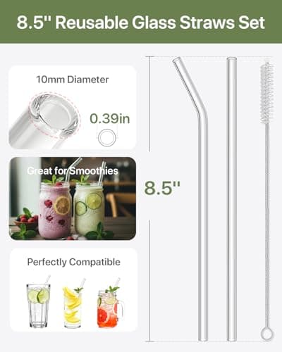 18-Pack Glass Straws, Reusable Clear Glass Drinking Straws Set, 8.5 Inch x 10mm - Includes 8 Straight and 6 Bent with 4 Straw Cleaner Brush, Perfect for Smoothies, Milkshakes, Juice, Tea — view 2