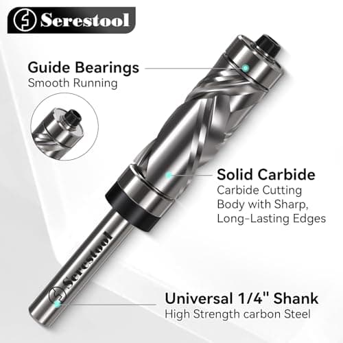 Serestool Top and Bottom Bearing Flush Trim Router Bit 1/4 Shank, 1/2" Cutting Diameter, 1-1/8" Cutting Length, Up&Down Compression Cut, Carbide Spiral Pattern Template Bit for Wood Trimming — view 2