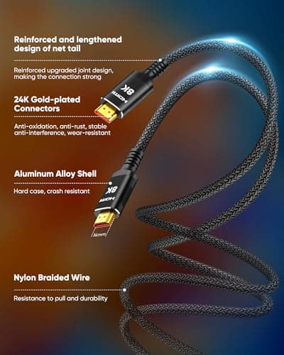 Snowkids 8K Certified HDMI 2.1 Cable 10 ft, Non-Slip Nylon Braided, 48Gbps Ultra High-Speed HDMI Cables Cord, 10K 8K@60Hz, 4K@120Hz Compatible for TV/PS-5/X-box/Projector/Sound System & More — view 4