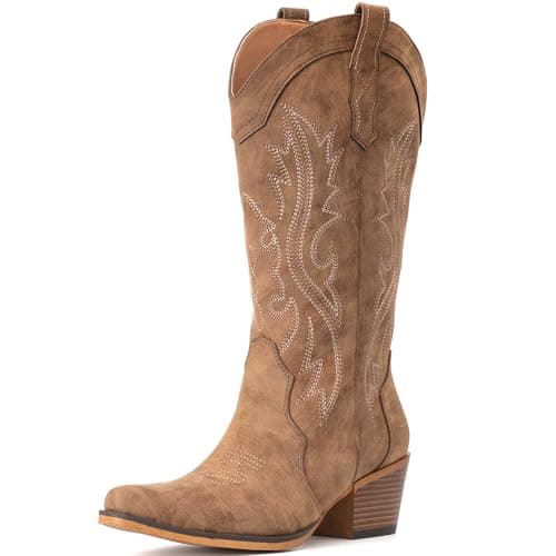 IUV Cowboy Boots For Women Western Cowgirl Boots with Chunky Heel Mid Calf Snip Toe Ideal for low insteps — view 3