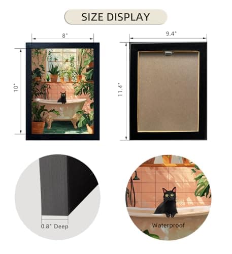 Framed Funny Bathroom Wall Art Green Plant Picture Bathroom Decor Bath Black Cat Canvas Print Poster Animal Bathtube Painting Artwork Maximalist Restroom Decor