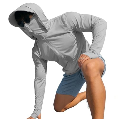 Sun Protection Fishing Shirts for Men UPF 50+ Long Sleeve Hoodie with Face Mask UV Rash Guard Quick Dry Hiking Shirt Full Zip Jacket Gray — view 4