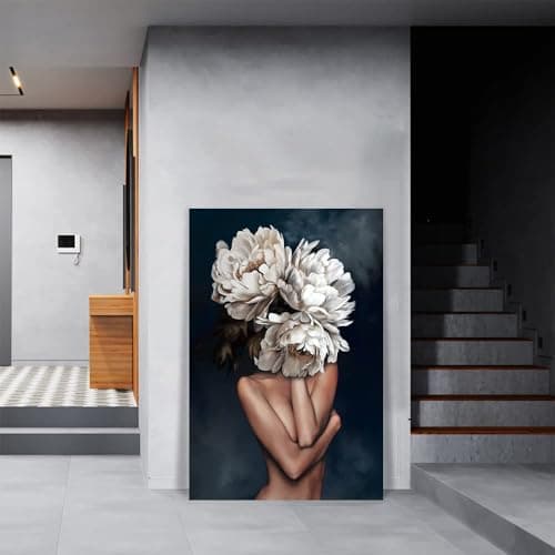 Yatsen Bridge Woman with Flower Head Wall Art Abstract Figure Pictures Canvas Print Modern Sexy Lady Artwork for Bedroom Decoration Stretched and Framed Ready to Hang 24x36 inch