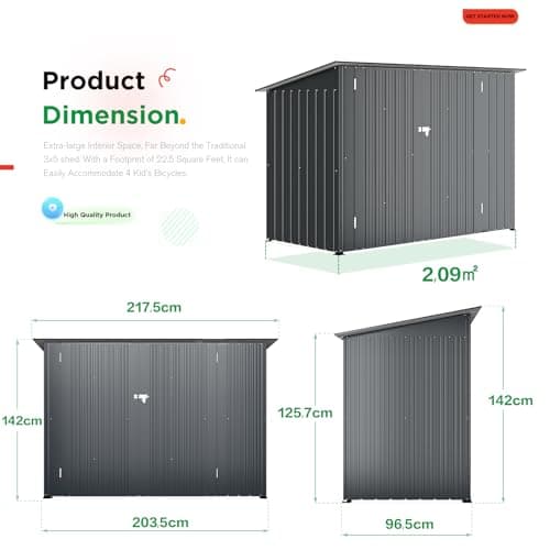 AECOJOY 7x3 Outdoor Storage Metal Bike Shed, 3x7 Bike Sheds & Outdoor Storage Clearance, Small Lean to Metal Storage Shed, Outdoor Storage Cabinet Weatherproof for Bikes, Dark Grey — view 3