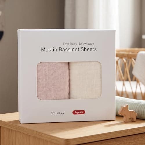 Muslin Bassinet Sheets 2 Pack, Soft Breathable Fitted Sheets for Bedside Sleeper Bassinet, 33x20 Inch, Snug Fit Baby Bassinet Mattress Cover for Newborn Boys Girls (Gentle Colors) — view 8