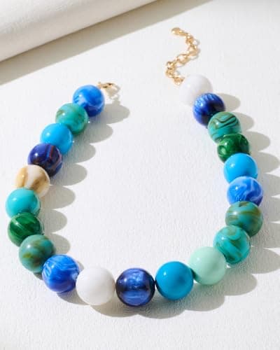 FAUTHENTICUTE Blue Beaded Choker Necklace for Women Boho Chunky Statement Necklace with Blue and Green Round Resin Beads Summer Beach Jewelry Gifts — view 7