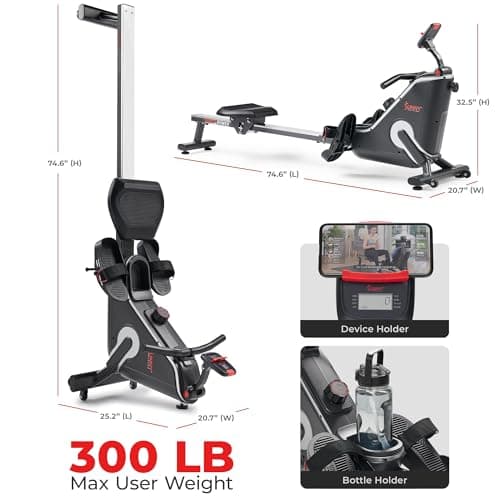 Sunny Health & Fitness Smart Compact Magnetic Rowing Machine with Stainless Steel Slide Rail – Magnetic Resistance Rower for Low-Impact Full-Body Workouts and Users up to 300 LB - SF-RW523043 — view 5