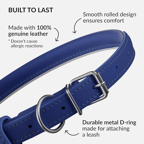 CollarDirect Rolled Leather Dog Collar, Soft Padded Round Puppy Collar, Handmade Genuine Leather Collar Dog Small Large Cat Collars (Deep Blue Smooth, 35-40 cm) — view 2
