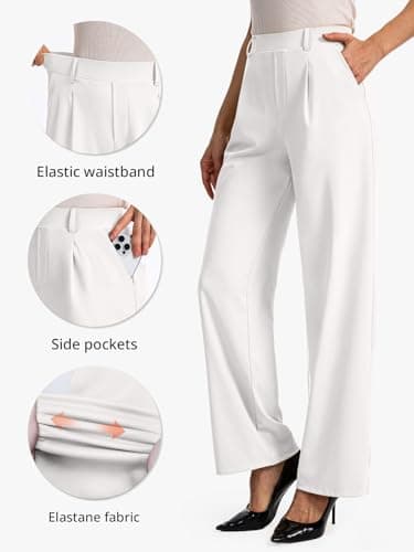 Feiersi Womens Dress Pants Wide Leg Pull On Stretchy Work Pants High Waisted Business Trousers with Pockets(White,Large) — view 3