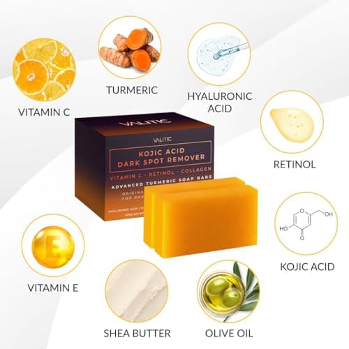 VALITIC Kojic Acid Dark Spot Remover Soap Bars with Vitamin C, Retinol, Collagen, Turmeric - Original Japanese Complex Infused with Hyaluronic Acid, Vitamin E, Shea Butter, Castile Olive Oil (2 Pack) — view 5