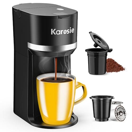 Karosie Single Serve Coffee Maker for Coffee Pods and Grounds, Fast Brew, 6-12 oz Brew Sizes Single Cup Coffee Maker Fits 5.5" Mugs, One-Button Small Coffee Maker, Descaling Reminder,Black,9.25 Inches