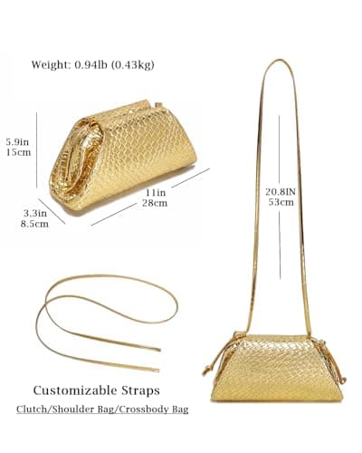 SUANNI Gold Woven Vegan Leather Evening Bag, Dumpling Clutch Purse for Women, Shoulder Crossbody Bags with Adjustable & Detachable Strap, Clasp Closure Handbag for Party Wedding Weekends — view 3
