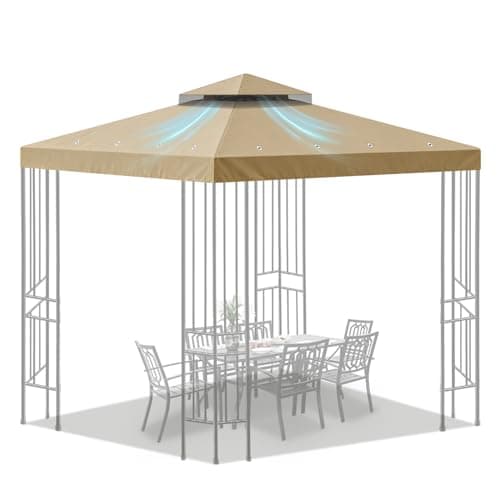 Gazebo 10'x10'Ft Canopy Replacement Top Cover,Waterproof UV50+ Patio Sun Shade Canvas with Two Tier Ventilated and Windproof Straps for Outdoor Backyard Garden(Only Top Cover，Khaki)