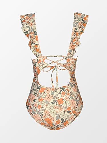 CUPSHE Women's Ruffled One Piece Swimsuit V Neck Lace Up, Orange Ditsy Print, Medium — view 3