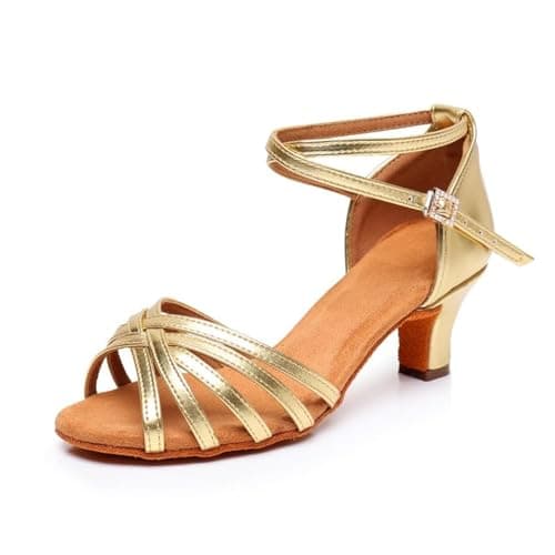 Rosefinch Latin Dance Shoes for Womens Satin Ballroom Salsa Practice Performance Wedding Dancing Shoes High Heels Dancing Shoes for Girls Ladies 5cm Gold 38