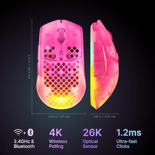 SteelSeries Aerox 3 Wireless Gen 2 - Super-Light 68g Gaming Mouse, 4K Polling, 26K DPI Optical Sensor, 200 Hour Battery, IP54 Water Resistant, 80m Click Durability, RGB, 100% PTFE Feet - Magenta Haze