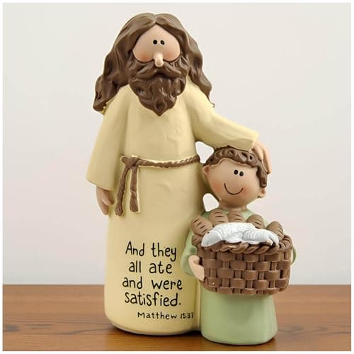 Jesus and Boy Figurine, Resin Christian Statue with Bible Verse Matthew 15:37, Inspirational Jesus Decor for Home, Sunday School and Children's Ministry, 4.13 inch