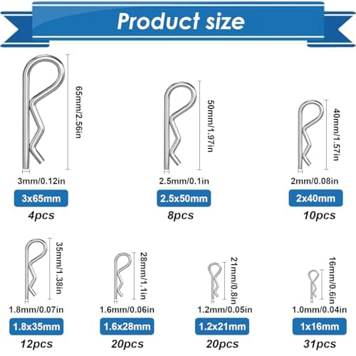 Eoppen 105Pcs Cotter Pin Assortment Kit - 304 Stainless Steel 7 Sizes R Clips Cotter Pins for Automotive, Trailer, Hitch Pin Lock System