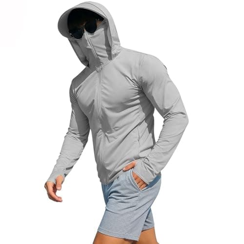 Sun Protection Fishing Shirts for Men UPF 50+ Long Sleeve Hoodie with Face Mask UV Rash Guard Quick Dry Hiking Shirt Full Zip Jacket Gray — view 2