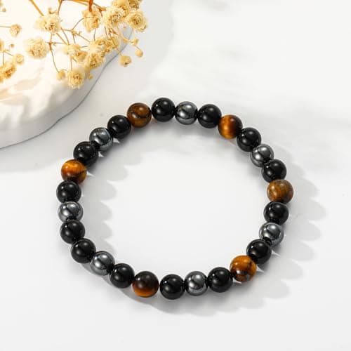 Gnamy Triple Protection Bracelet Gifts for Women, Healing Crystal Beaded Bracelets Hematite Black Tourmaline Tigers Eye Natural Worry Stones Anxiety Birthday Mothers Day Jewelry Presents for Mom Mother Her Adults Grandma