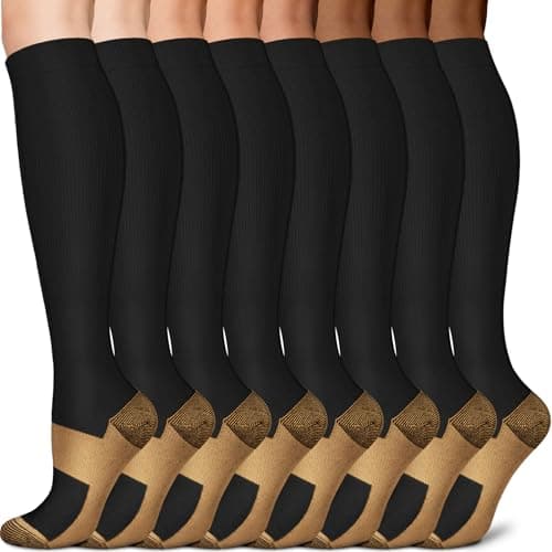 Sooverki Copper Compression Socks for Men & Women 8 Pack 15-20mmHg - Knee High Stockings Best Support for Running Athletic Work Travel Black Wide Calf Nylon plain gifts medias