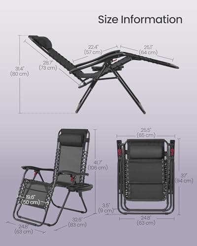 SONGMICS Set of 2 Zero Gravity Chairs, Folding Sun Loungers with Tray, Adjustable Headrest, for Patio, Garden, Max. Load 110 kg Each, Black UGLB032BZ02 — view 2