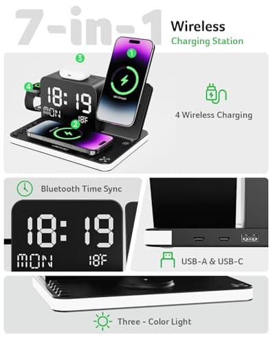 Acer Gadget 7-in-1 Wireless Charging Station Charger Stand for Multiple Devices for Apple - iPhone 17 16 15 14 13 12 Pro Max Apple Watch Airpods, Wireless iPhone Charger Station with Bluetooth TimeSyn