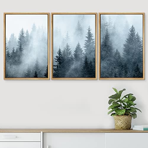 SIGNWIN Framed Canvas Print Wall Art Set Winter Fog Mist Pine Tree Mountain Forest Nature Wilderness Photography Modern Art Landscape Relax/Calm for Living Room, Bedroom, Office - 24"x36"x3 Natural — view 2
