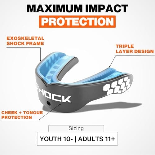 Shock Doctor Gel Max Mouth Guard, Sports Mouthguard for Football, Lacrosse, Hockey, Basketball, Flavored Mouth Guard, Youth & AdultBLUE/Black, Adult, Non-Flavored