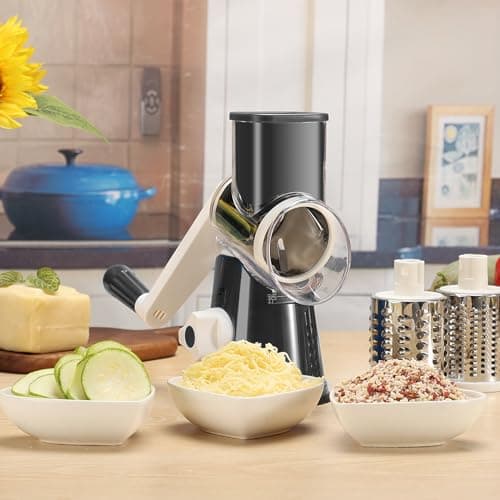Cambom Rotary Cheese Grater Hand Crank Cheese Shredder for Fresh Cheese, Vegetable, Nuts,Non-slip Suction Base, Three Blades, Black — view 6