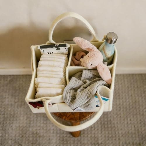 Diaper Caddy Organizer, Nursery Storage Bin Basket with Handle, Felt Diaper Organizer Suitable for Indoor Outdoor, White — view 4