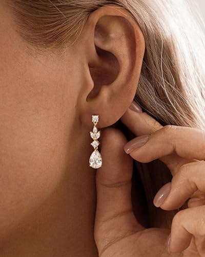 HANLI Dangle Earrings for Women – 14K Gold Plated Drop Earrings Sparkly Gold Dangle Earrings Elegant Dangling Earrings for Wedding Bridal Prom Jewelry — view 5