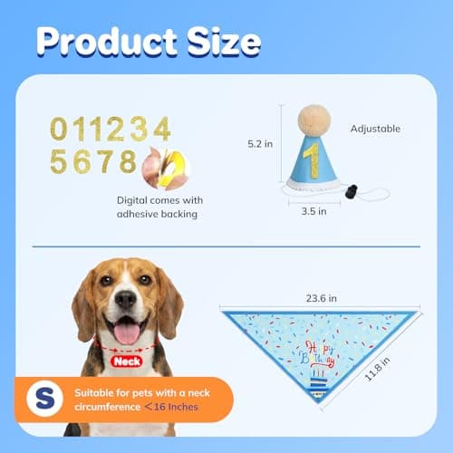Supet Dog Birthday Decorations for Small & Large Dogs, Dog Boy Girl Birthday Kit with Party Hat | Happy Birthday Banner & Bandana, 1st Birthday Party Set, Pet Birthday Party Supplies (Blue, S) — view 2