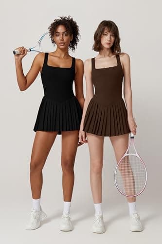 QINSEN Pleated Workout Dress with Built in Shorts Square Neck Sleeveless No Bra Summer Athletic Dress Black L — view 2