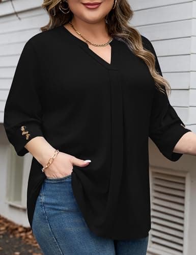 TFSDOD Womens Plus Size Tops 3/4 Length Sleeve Womens Tops V Neck Blouses Pleated Tunic Plus Size Fashion (Black XXL) — view 3