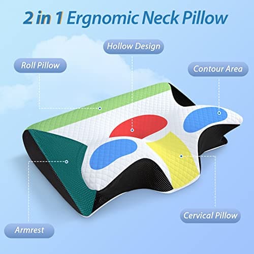 HOMCA Memory Foam Pillow, 2 in 1 Cervical Pillow for Neck Pain Relief, Ergonomic Neck Support Pillows for Side Back Stomach Sleepers with Breathable Pillowcase (Black)