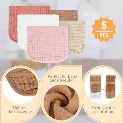 MIGIOL Baby Burp Cloths 100% Cotton Newborn Muslin Burp Cloths 10x20 inches Baby Essentials Pink & Coffee 5-Pack — view 2