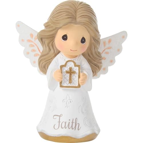 Precious Moments 252428 Faith Mini Angel Figurine Holding Cross, Inspirational Resin Angel with Peach Wing Accents, Religious Gift for Communion or Confirmation