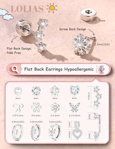 LOLIAS Hypoallergenic Flat Back Earrings for Women Girls-Surgical Stainless Steel Earrings for Sensitive Ears-Cute Flatback Stud Earring Set Small Hoops Cartilage Earring Stacks Silver CZ Age Over 4 Years Old