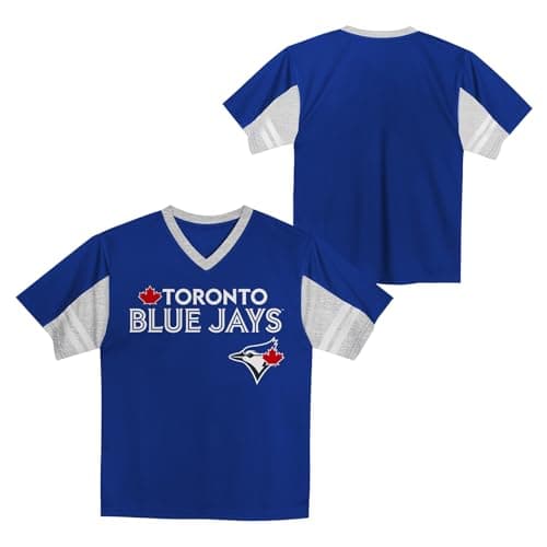 MLB Kids Youth Boys 4-18 Officially Licensed Team Color Primary Logo Baseball Fashion Top V-Neck Jersey, Toronto Blue Jays - Blue, 6-7 — view 2